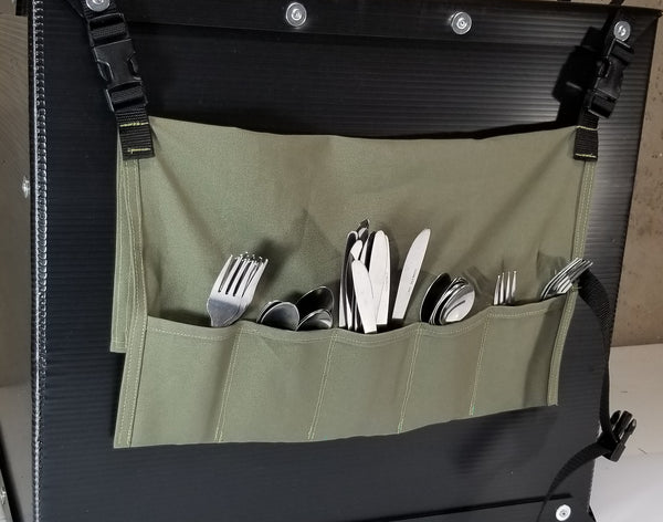The Flatware Holder hanging from the back of the Camping Kitchen Box.